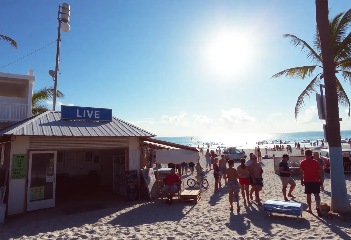 Beach in Florida with tourists, emphasizing local business struggles.