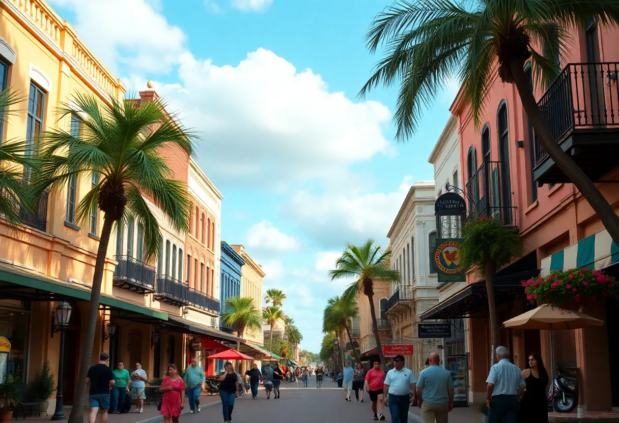 A scenic small town in Florida with tourists exploring local events and attractions.