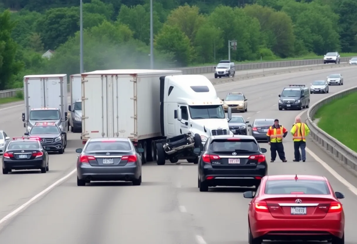 Scene of a five-vehicle crash on a highway