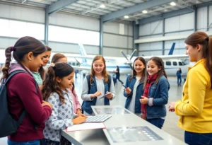 Young girls participating in the Fly Like a Girl aviation event at an airport