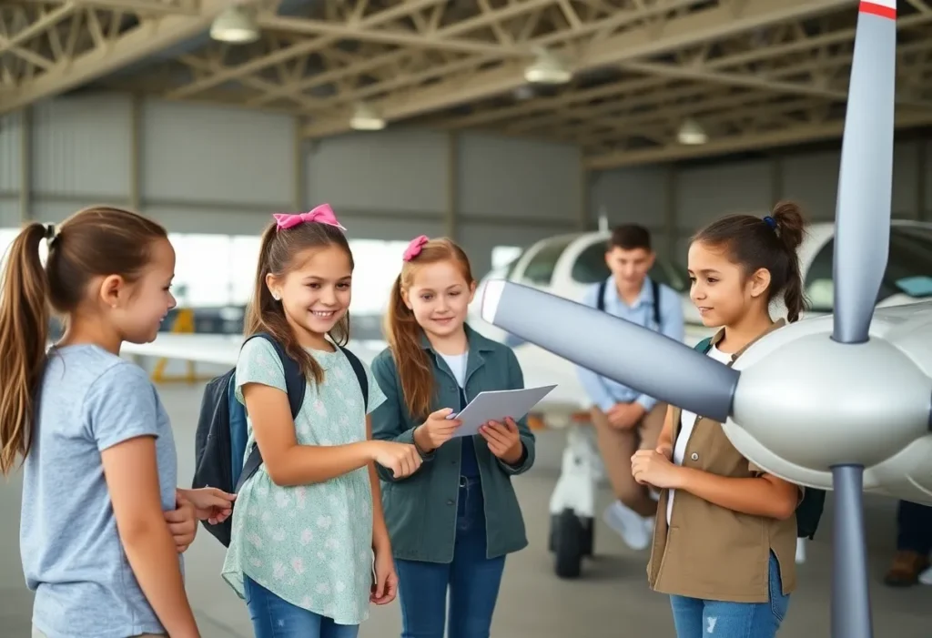 Young girls participating in aviation activities at JetBlue's Fly Like a Girl event.