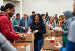 Volunteers distributing food at a food bank