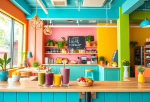 Interior of Grain & Berry superfood cafe with colorful bowls and smoothies