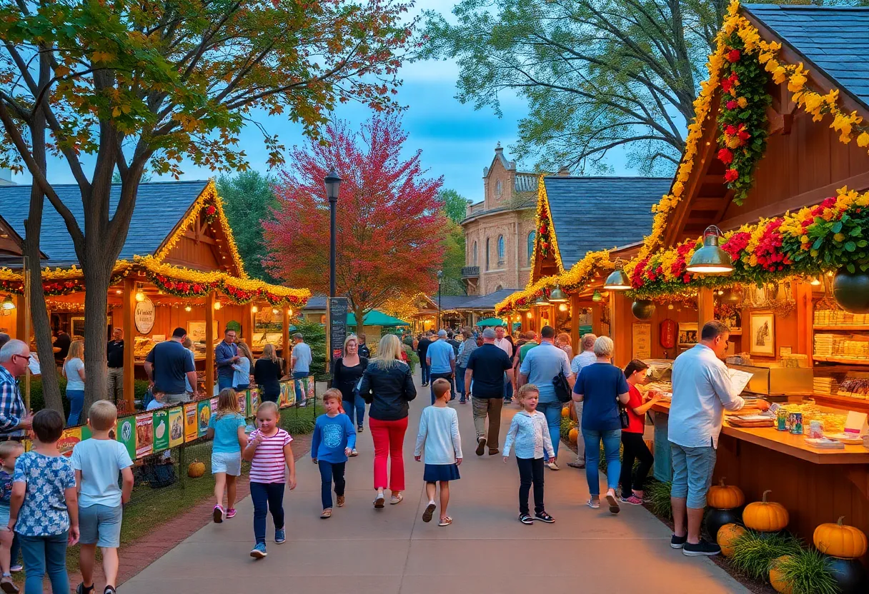 Families enjoying activities at Grande Lakes Orlando Fall Festival, surrounded by autumn decorations.