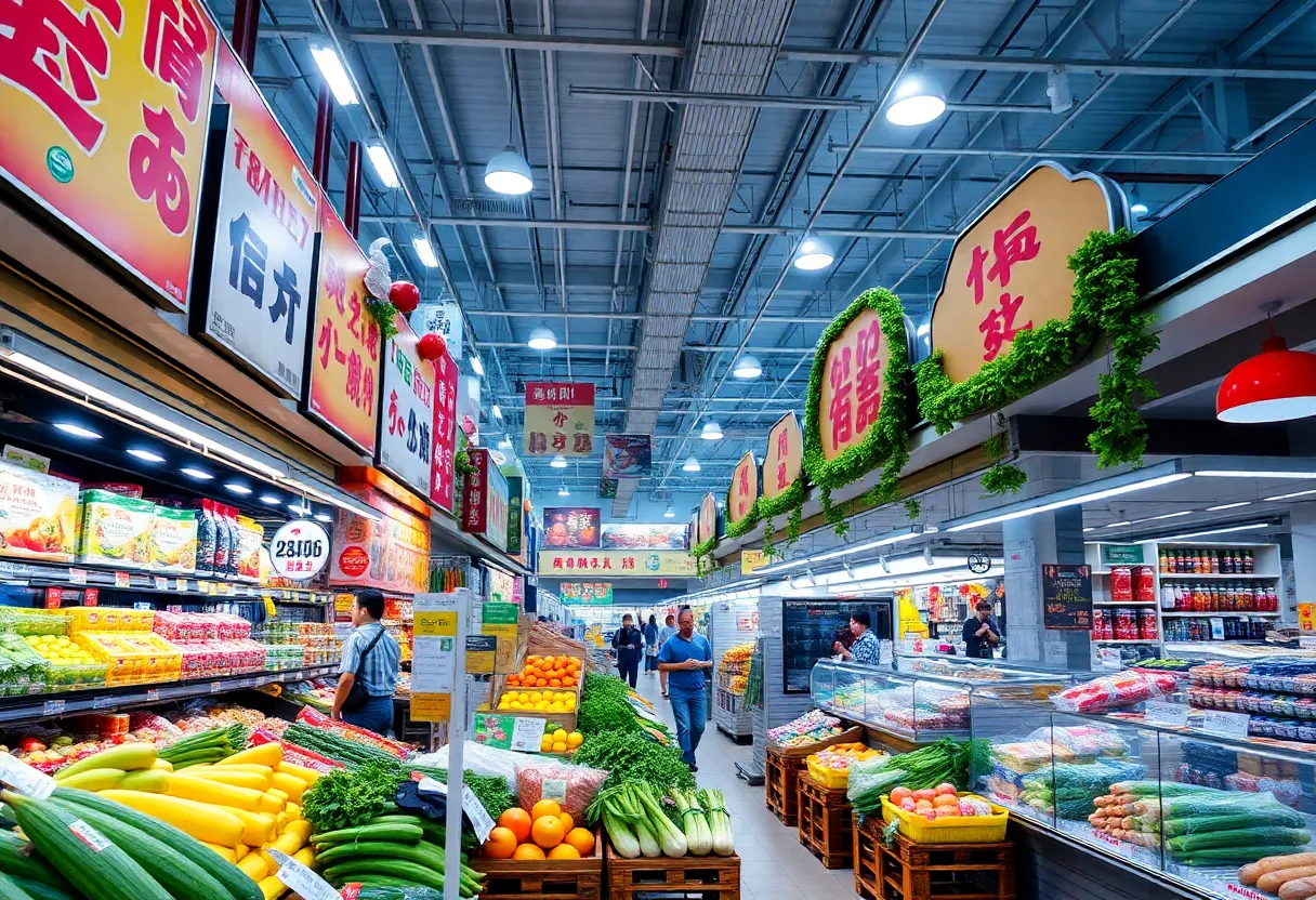 Interior of H Mart supermarket with Asian groceries and food hall