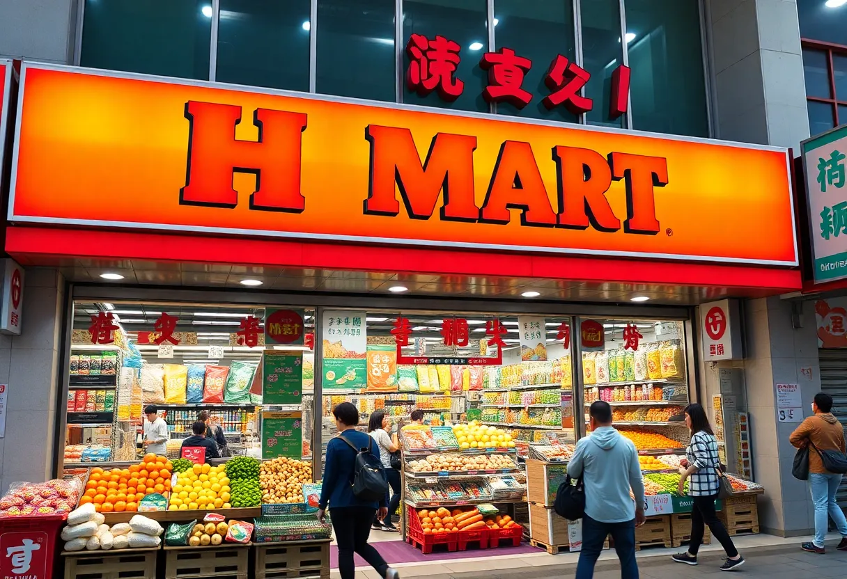 Exterior view of H Mart's first location in Orlando with diverse shoppers.