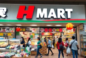 Exterior of H Mart supermarket in Orlando with shoppers outside