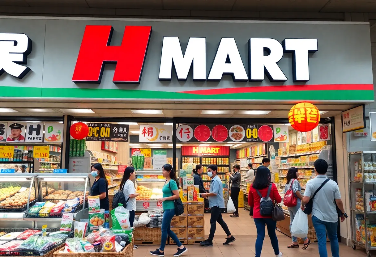 Exterior of H Mart supermarket in Orlando with shoppers outside