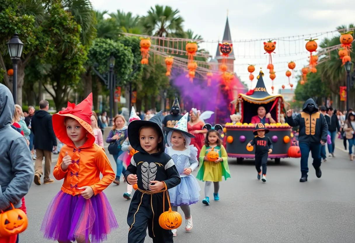 Families celebrating Halloween in Orlando with costumes and themed decorations.