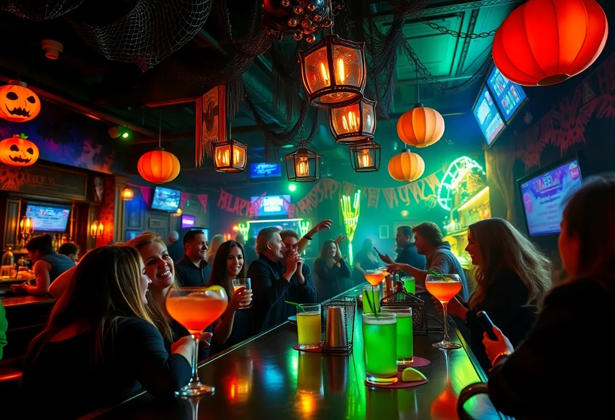 Halloween decorated bar in Orlando with themed cocktails