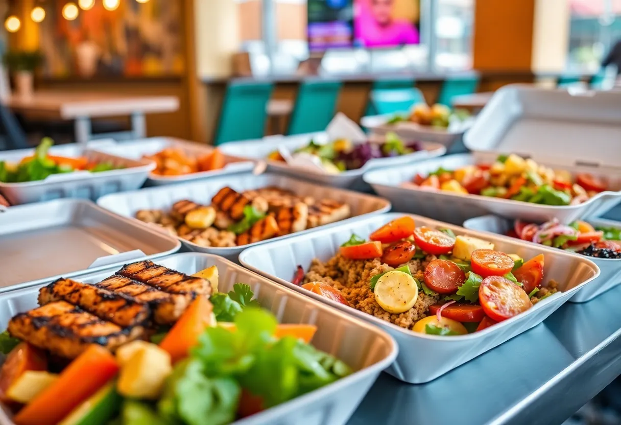 Assorted healthy takeout meals with fresh vegetables and grilled items