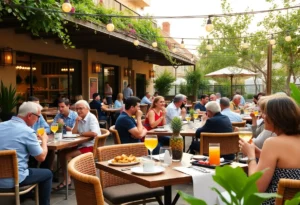 Outdoor dining setup at Helena Modern Riviera in ICON Park, Orlando