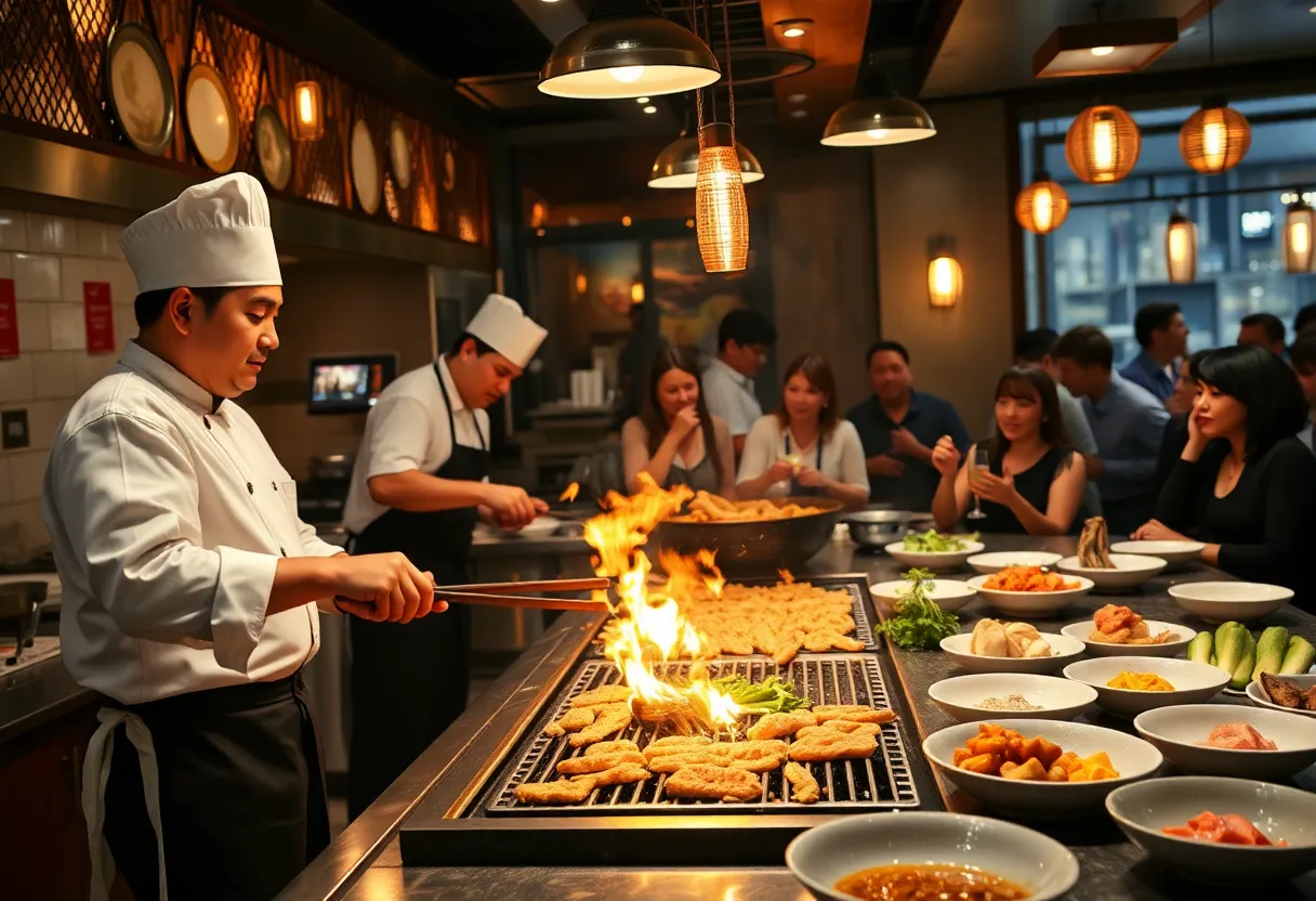 Guests enjoying a live hibachi cooking experience at home in Orlando