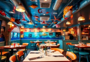Interior of High Tide Harry's seafood restaurant in Orlando, showcasing playful marine decor