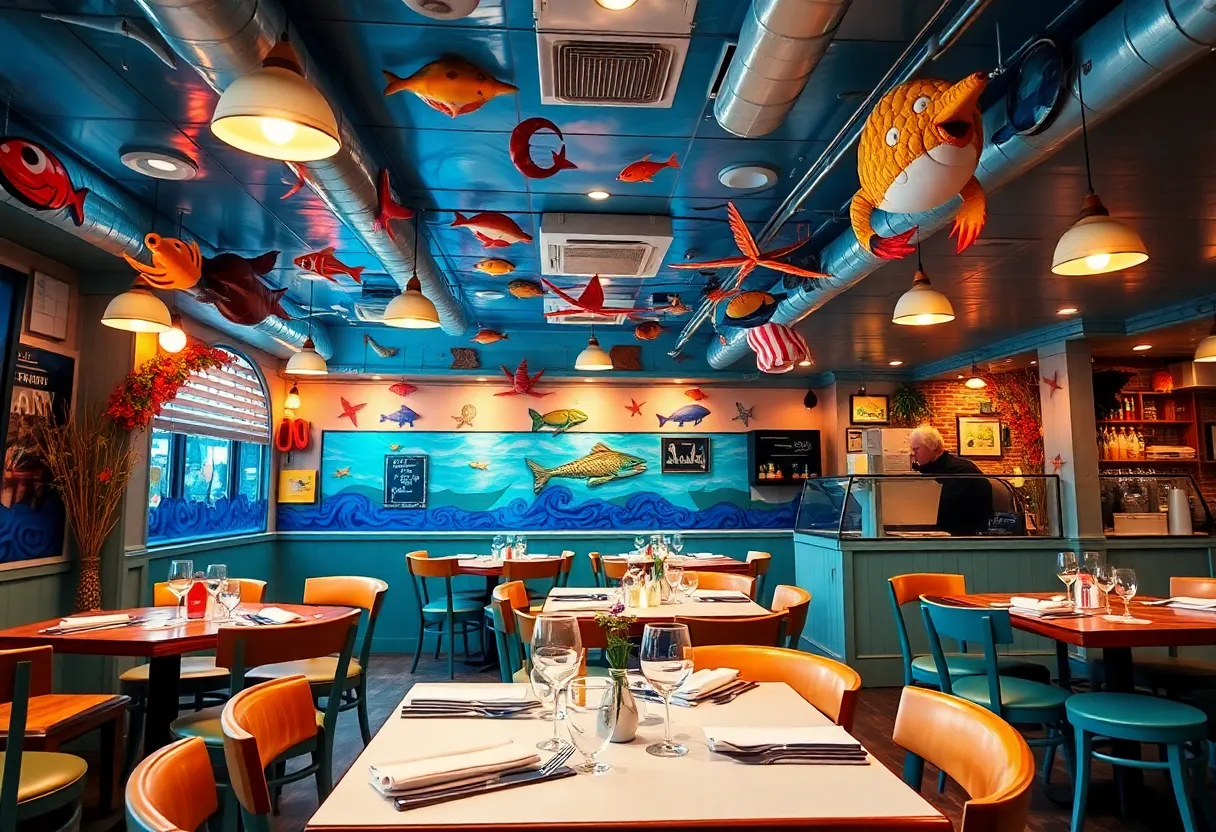 Interior of High Tide Harry's seafood restaurant in Orlando, showcasing playful marine decor
