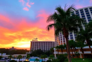 Exterior view of the Hilton Orlando hotel at sunset