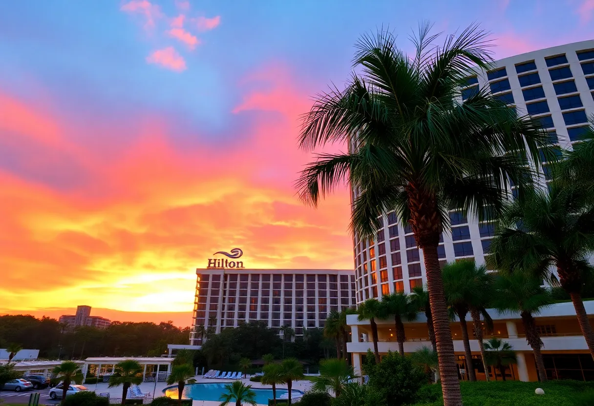 Exterior view of the Hilton Orlando hotel at sunset
