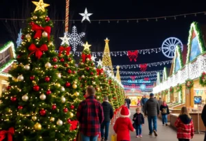 Families enjoying festive decorations and activities at a Central Florida theme park during the holiday season.