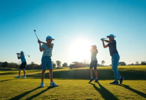 Young golfers practicing swings at a golf course