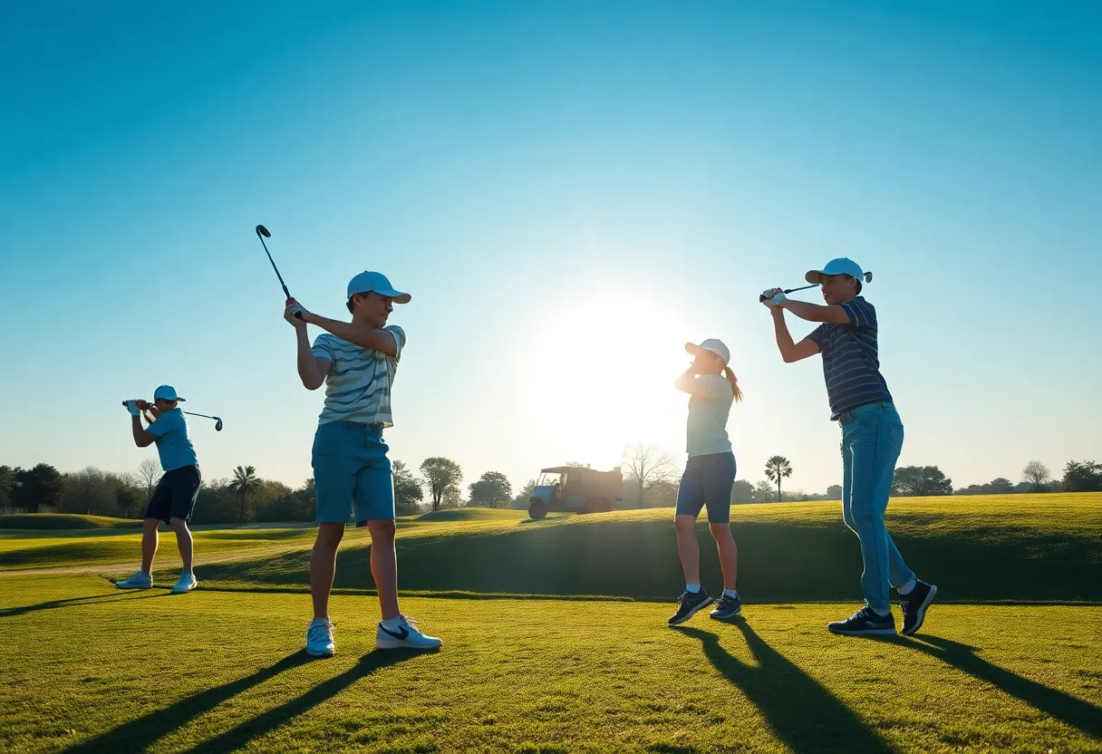 Young golfers practicing swings at a golf course