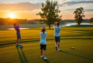 Scenic view of Lake Nona Golf Course with young golfers practicing