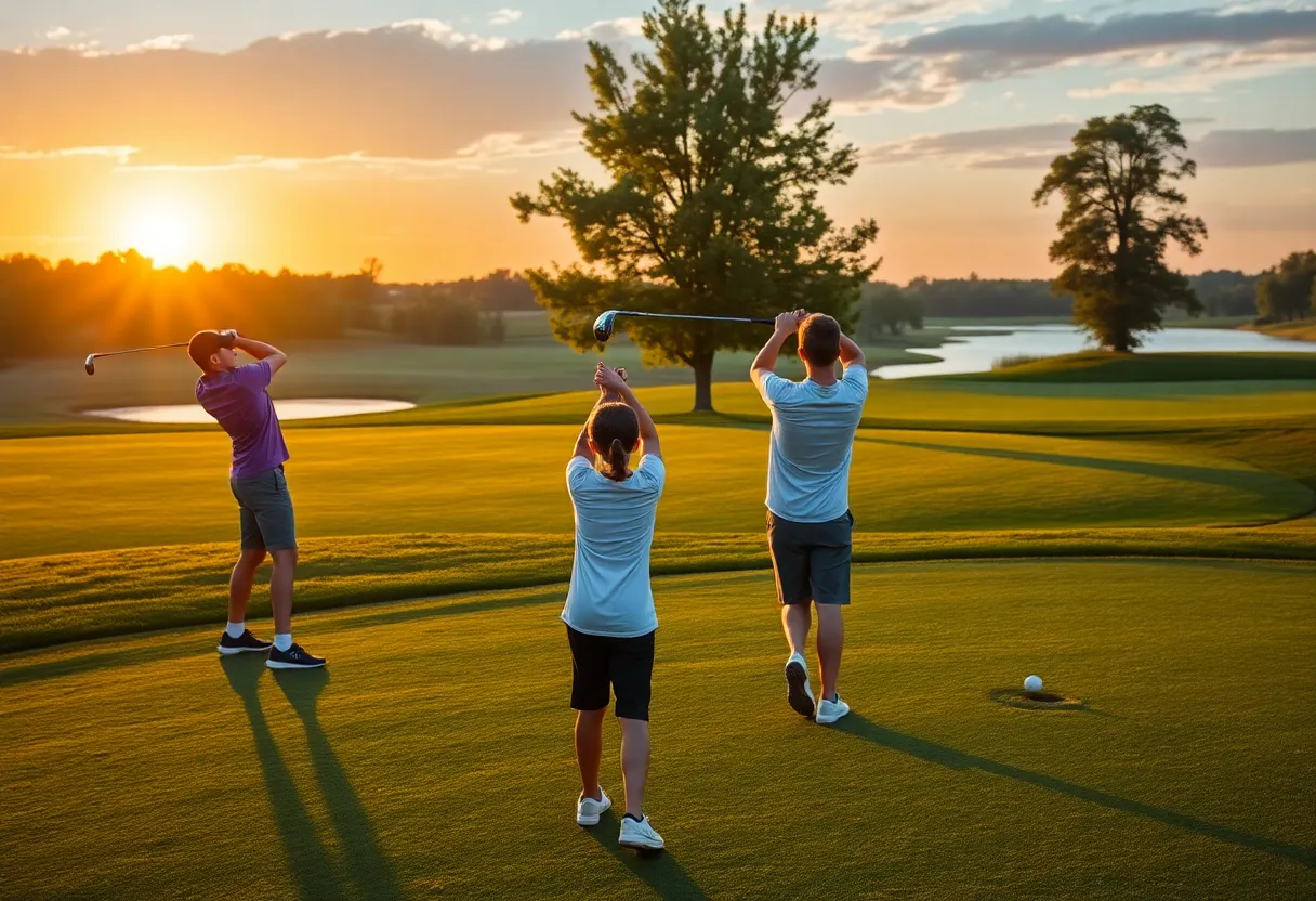 Scenic view of Lake Nona Golf Course with young golfers practicing