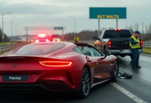 Scene of a tragic car accident involving a Lamborghini and a pickup truck on a highway