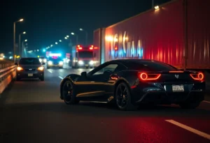 Scene of a traffic accident involving a Lamborghini and a truck