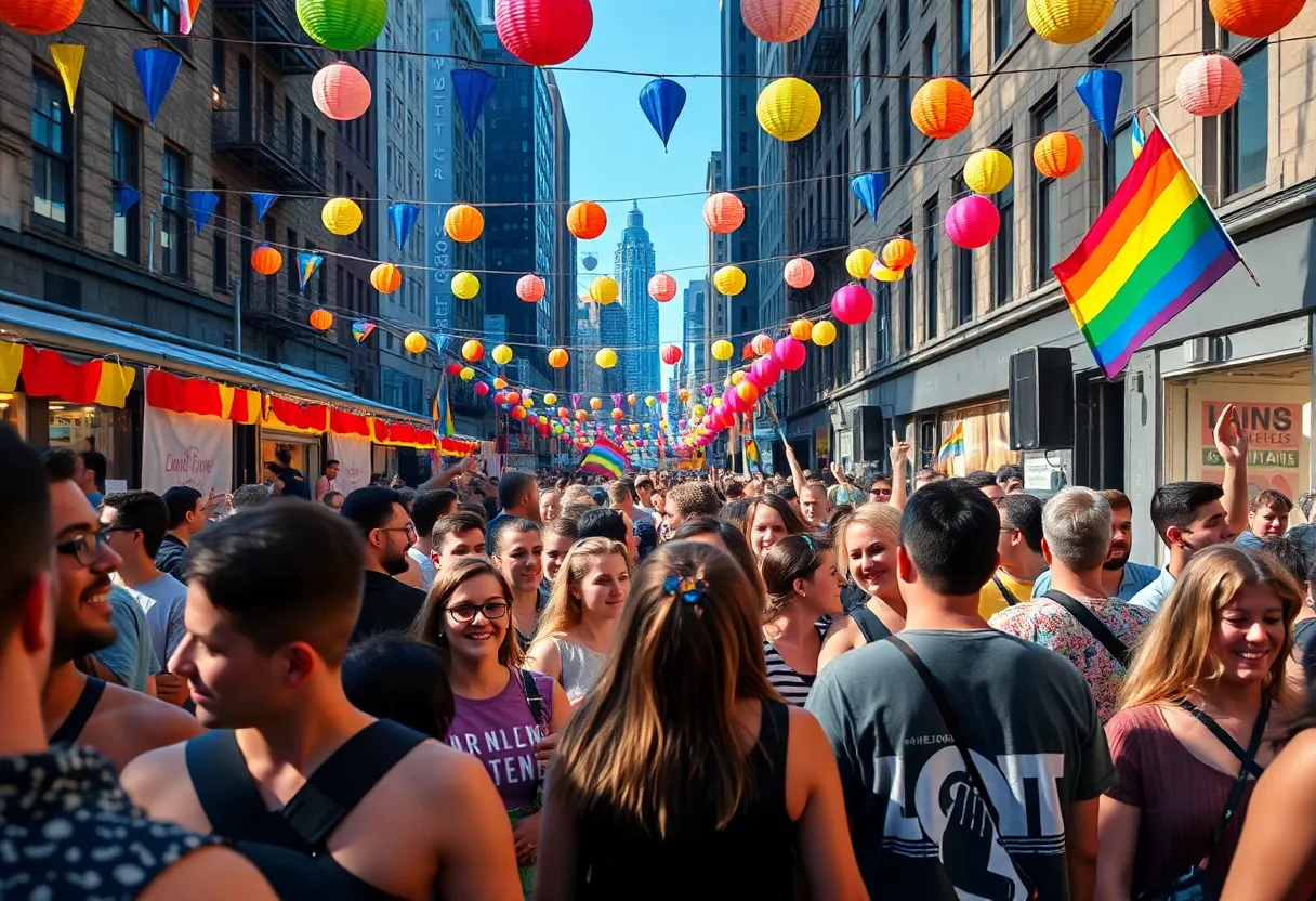 A vibrant LGBTQ+ festival celebration in New York City with diverse participants.