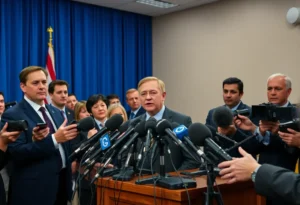 Press conference featuring a politician addressing the media