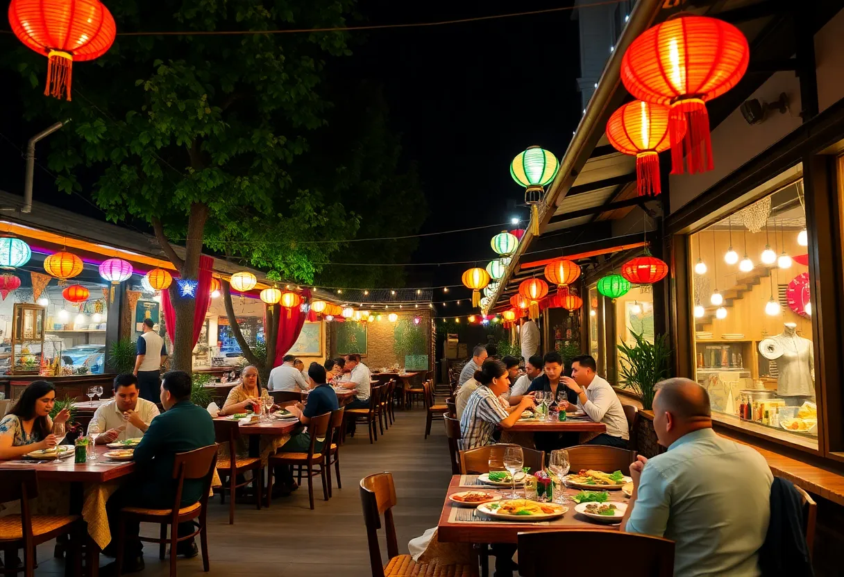 Outdoor dining setup with cultural themes at Helena Modern Riviera
