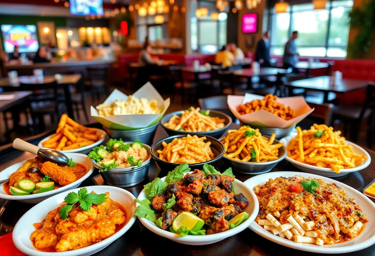 A table set with diverse gourmet dishes highlighting Orlando's culinary offerings.