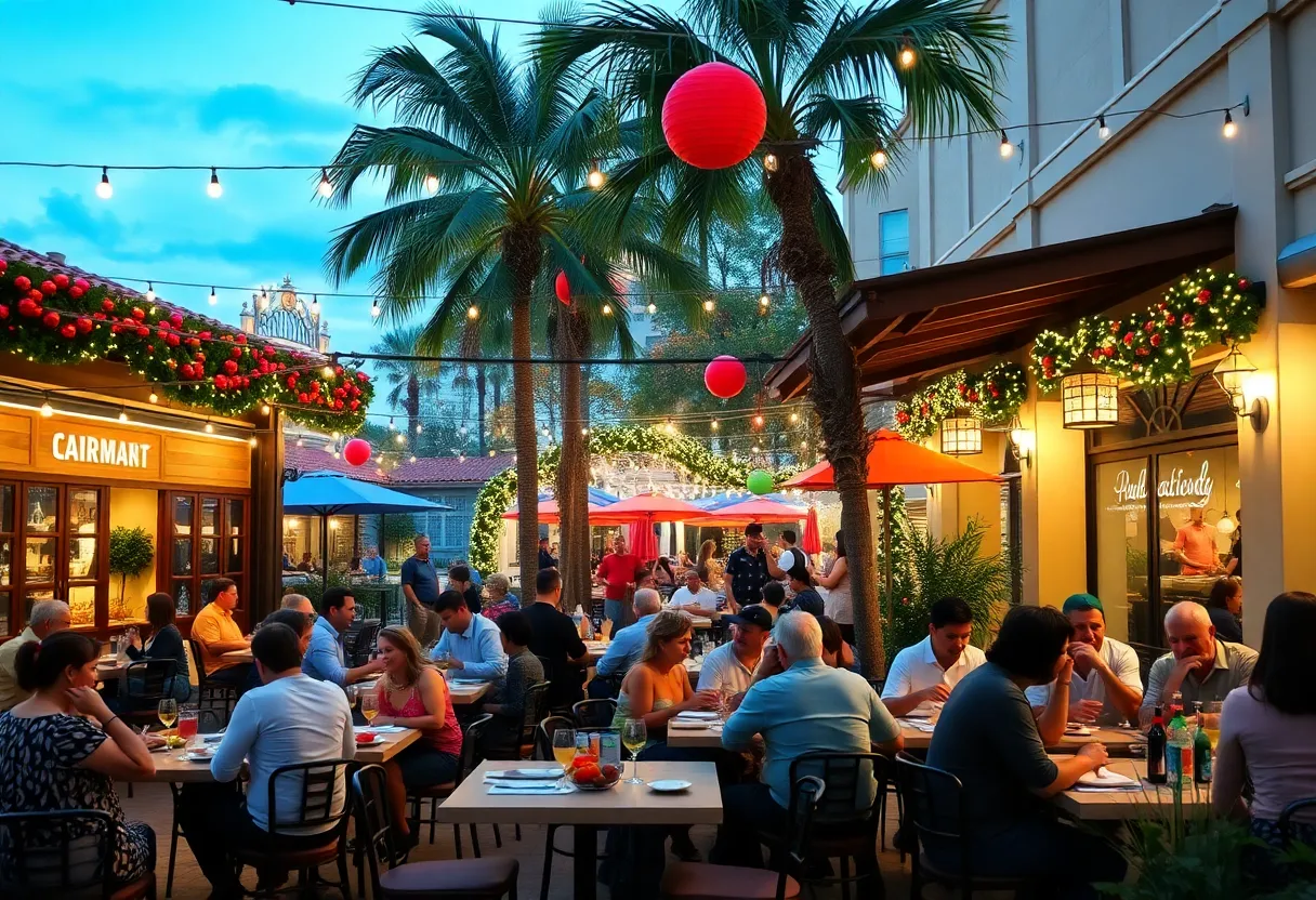 Outdoor dining scene with diners at various restaurants during Magical Dining Orlando