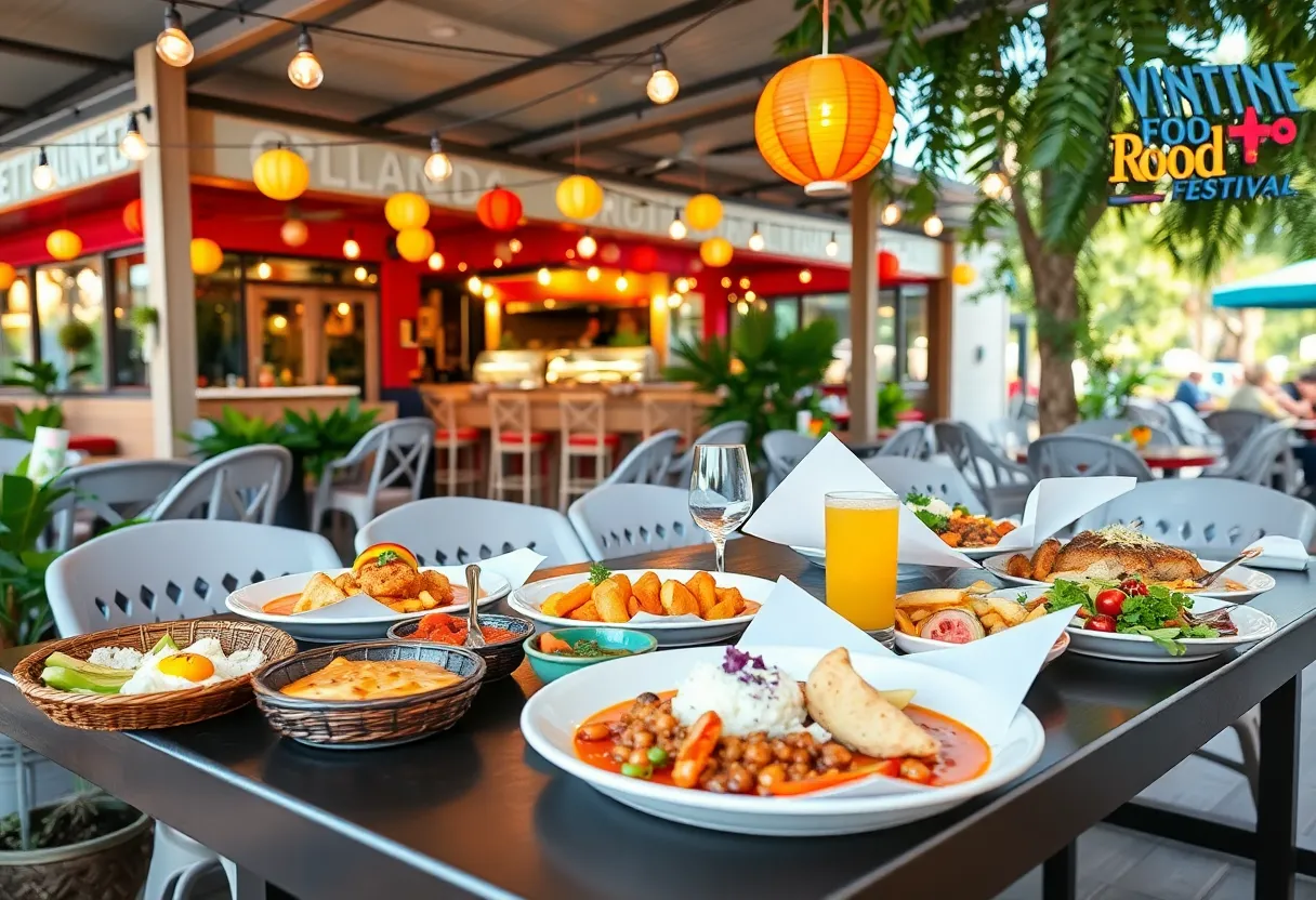 A festive dining scene showcasing various culinary dishes in Orlando