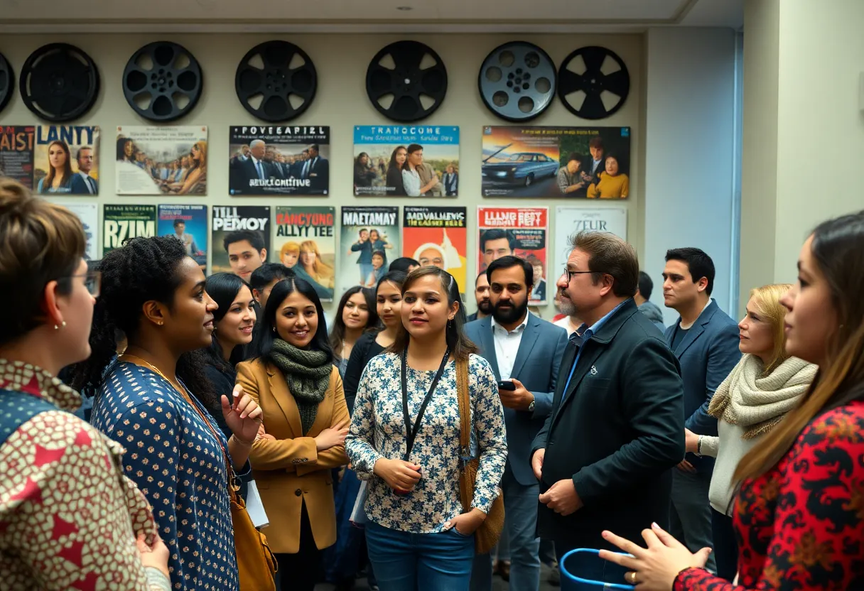 Scene from the Melrose Film Festival with filmmakers and attendees engaged in discussion
