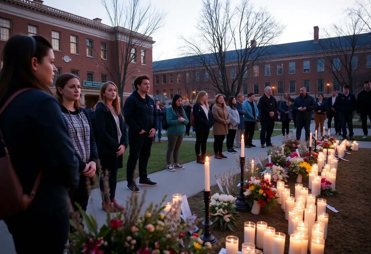 Students holding candles at a memorial on university campus