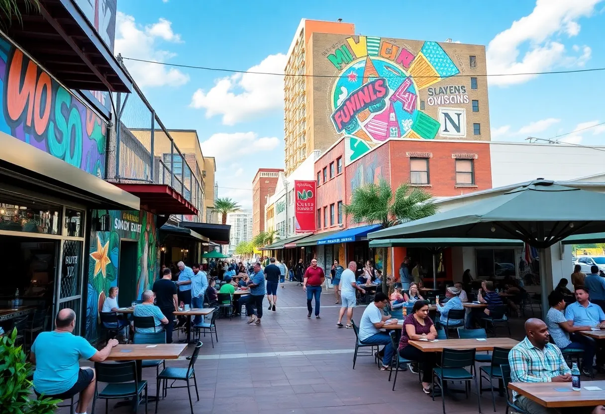 A street scene in Mills 50 District, featuring restaurants and vibrant murals.