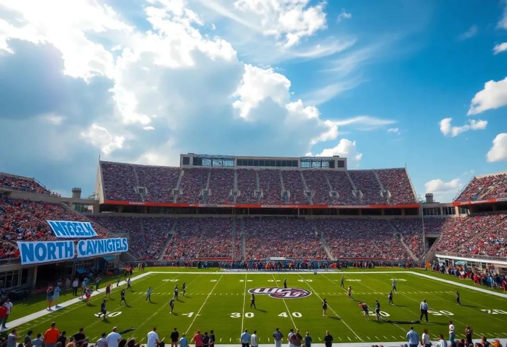 Fans cheering for North Carolina Tar Heels and UCF Knights at a college football game.