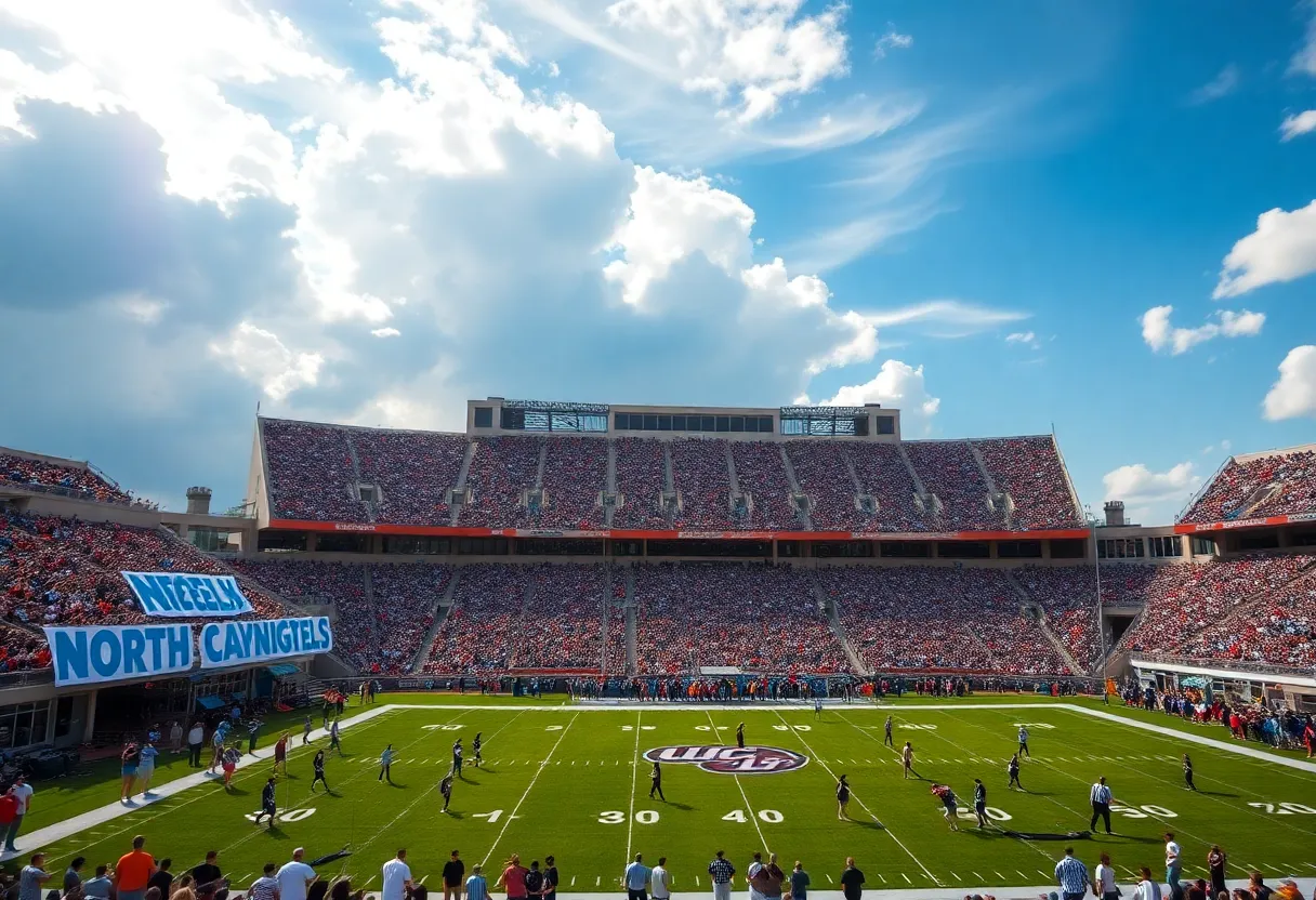 Fans cheering for North Carolina Tar Heels and UCF Knights at a college football game.