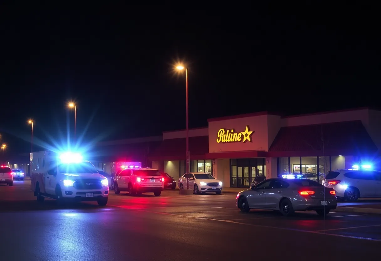 Police lights shining on a strip mall at night