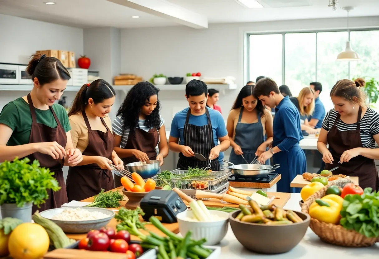 Participants in an Orlando culinary class learning to cook with seasonal ingredients