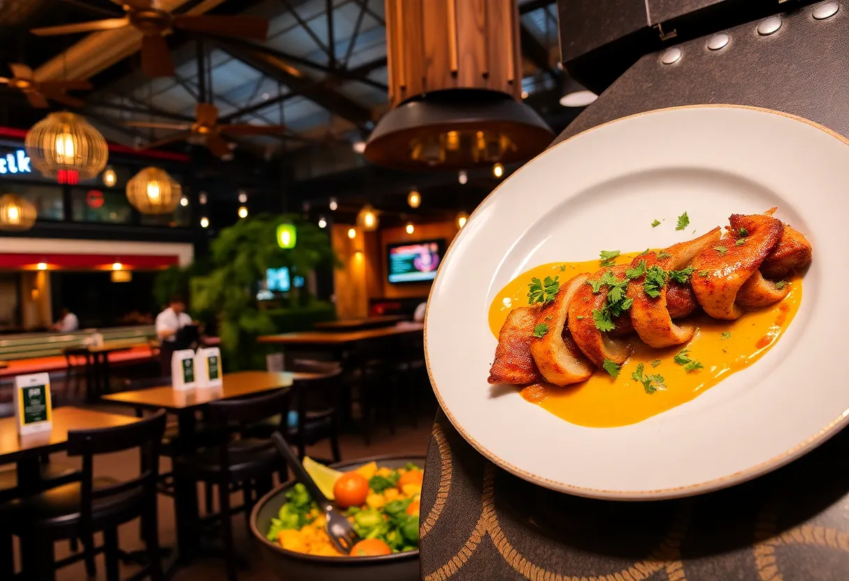 A collage of various dining options in Orlando, showcasing different cuisines and restaurant settings.