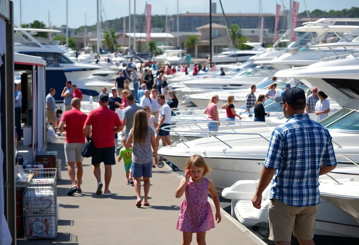 Families enjoying the Orlando and Daytona Beach Boat Show with various boats on display.