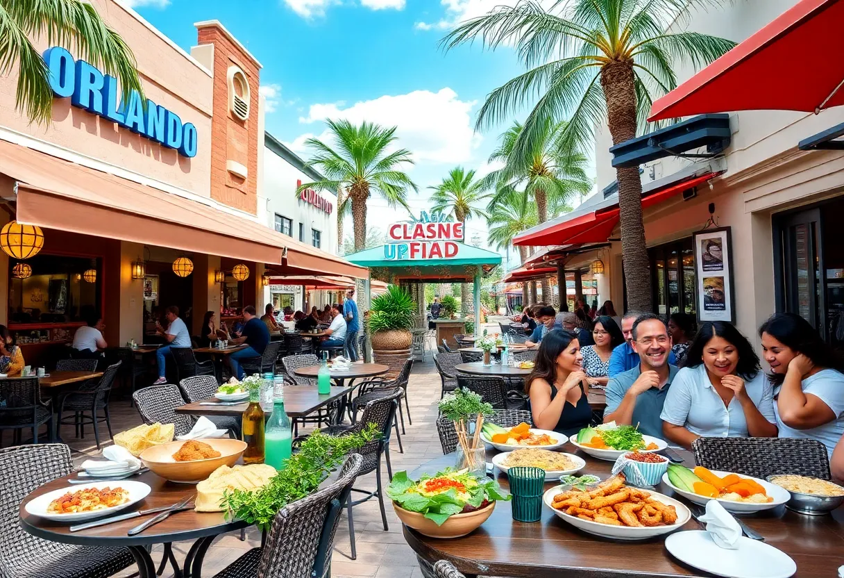 A collage of new restaurants in Orlando showcasing diverse cuisines and outdoor dining areas.