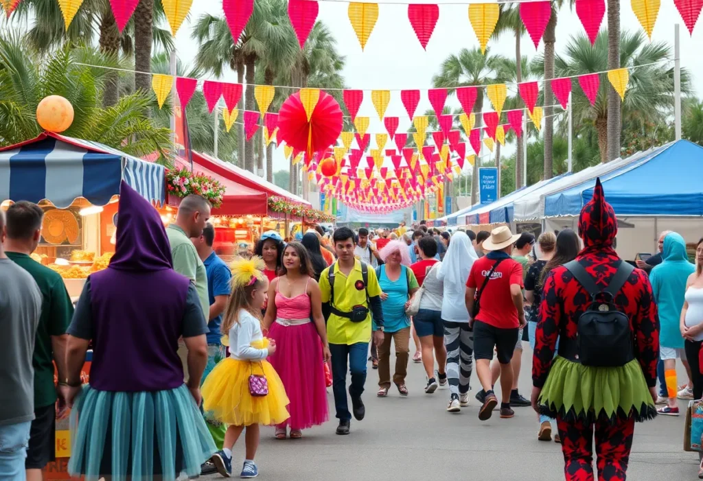 Crowd enjoying Orlando fall charity festival with colorful costumes