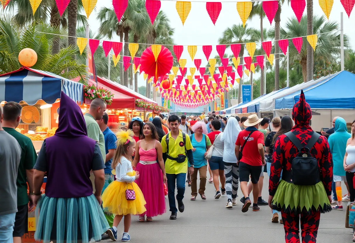 Crowd enjoying Orlando fall charity festival with colorful costumes