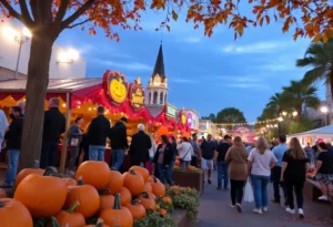 Festive Halloween scene in Orlando with decorations and people enjoying events