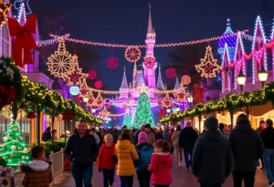 Families enjoying holiday festivities in Orlando with colorful lights.