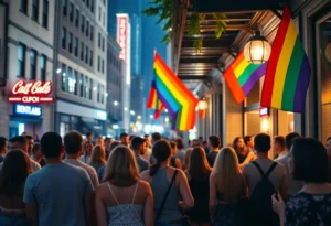 LGBTQ community gathering outside Pulse nightclub with rainbow flags
