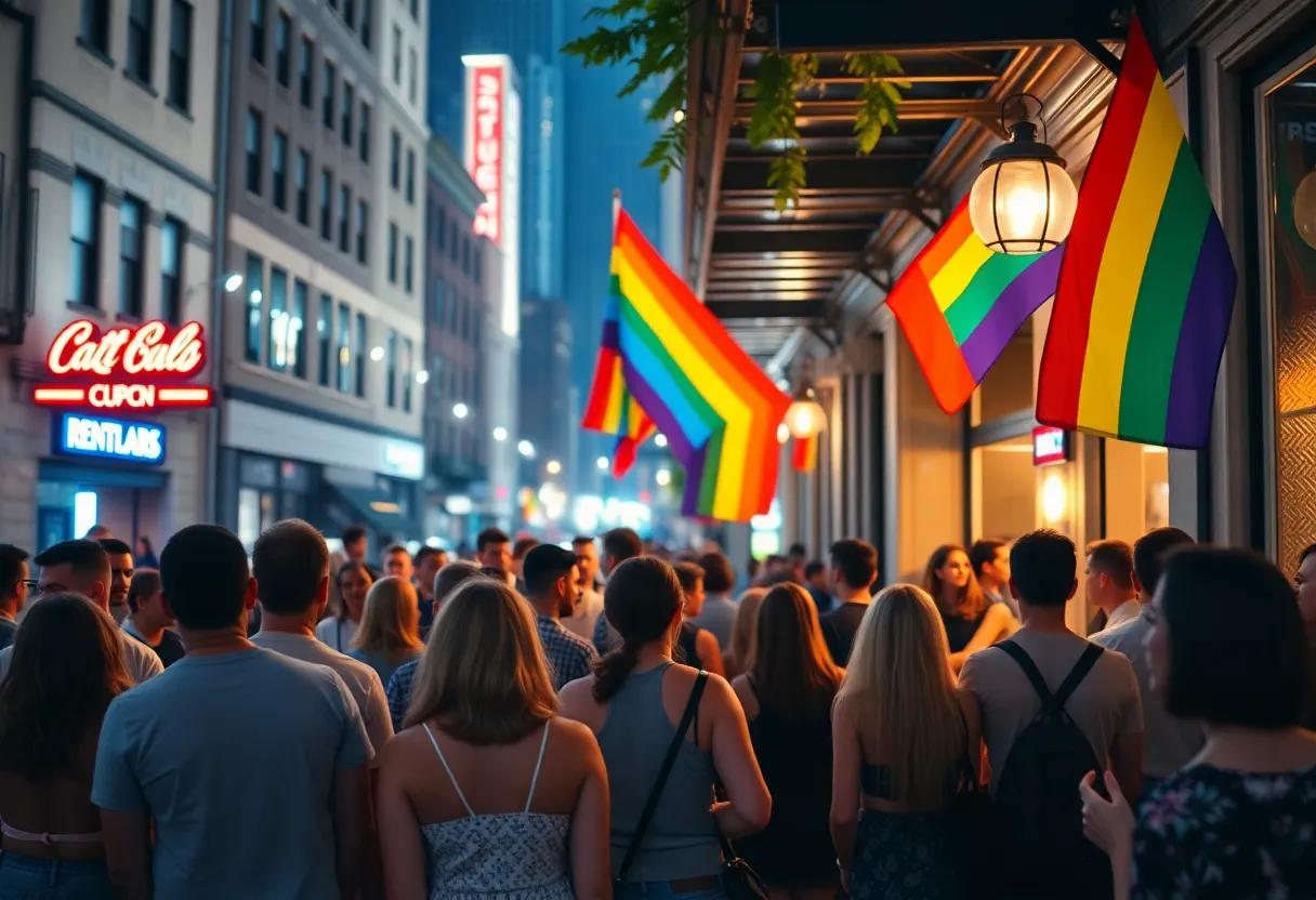 LGBTQ community gathering outside Pulse nightclub with rainbow flags